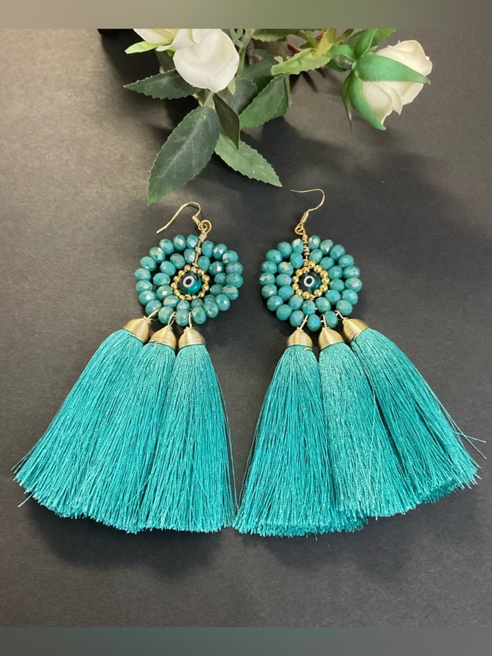 Tassel Turquoise/Gold Fashion Evil Eye Statement Earrings